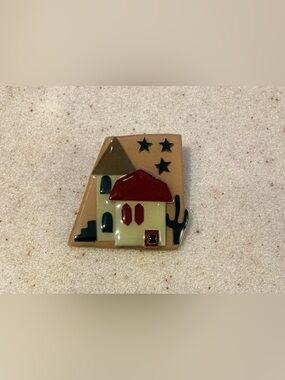Desert Home Enamel Brooch - Red & Tan